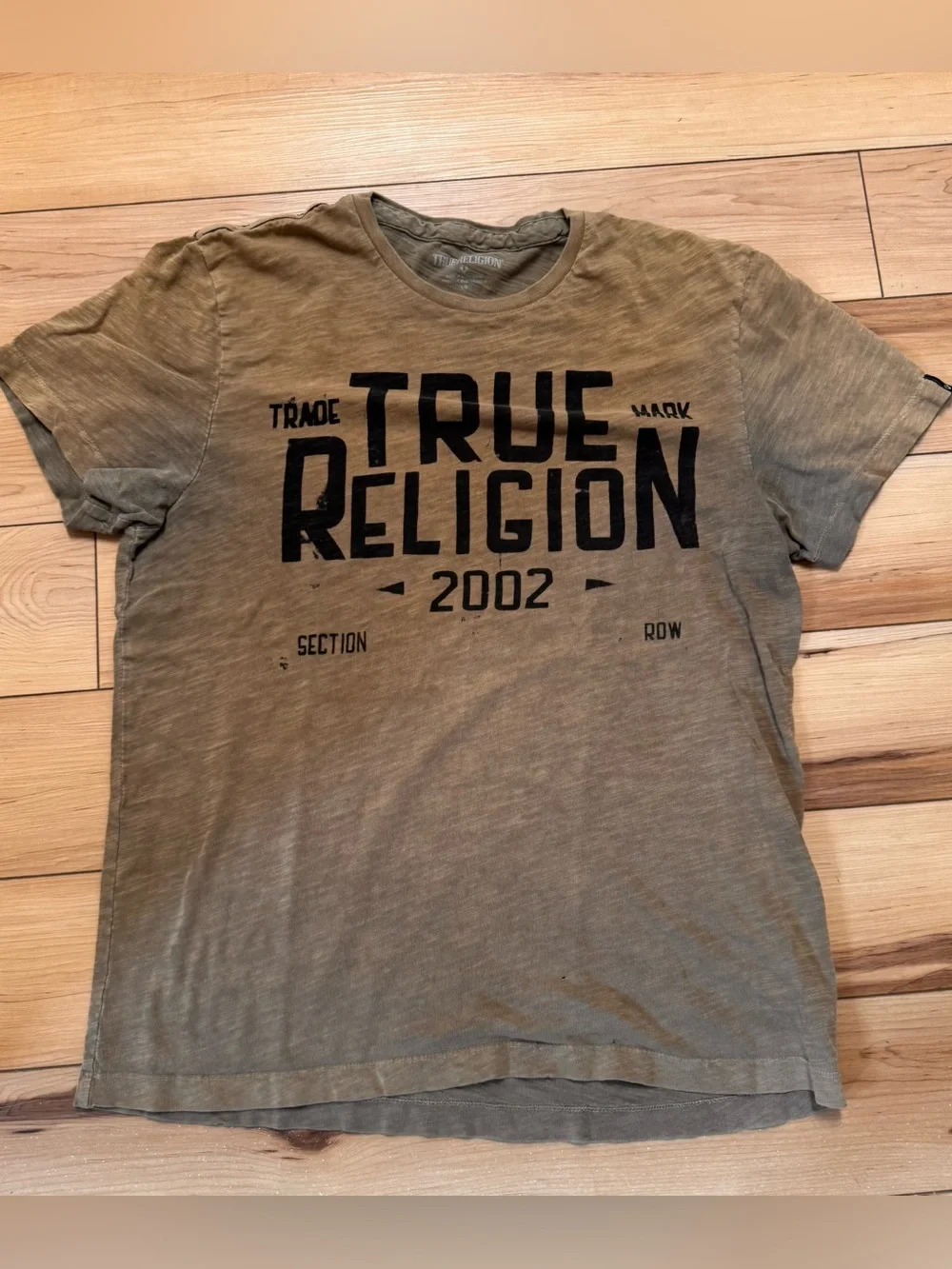 True Religion Men's Olive Green Distressed Spellout Tee